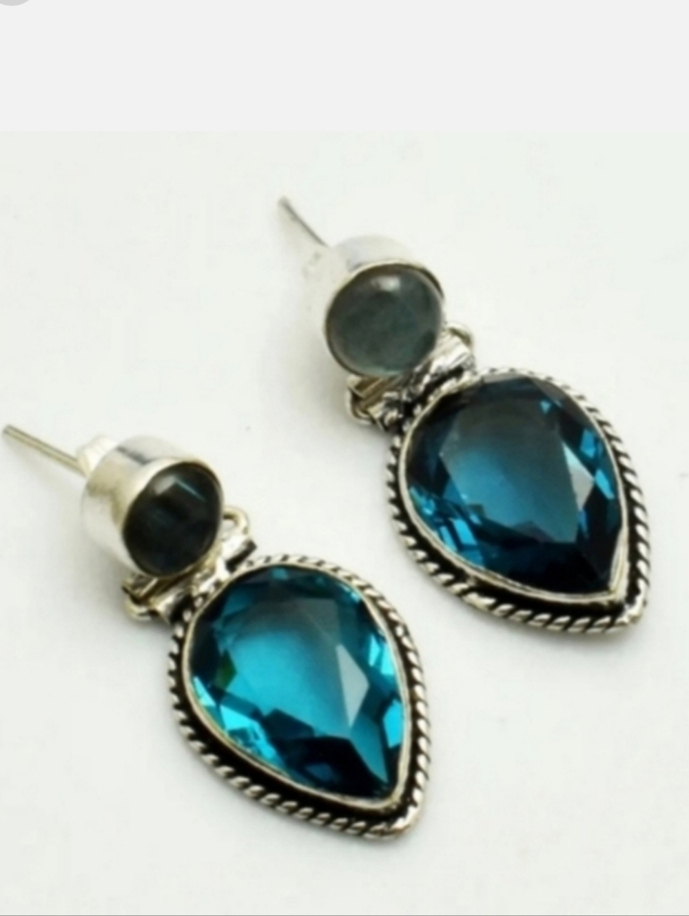 Blue Apatite, Labradorite Gemstone 925 Sterling Silver Stud Dangle Earrings